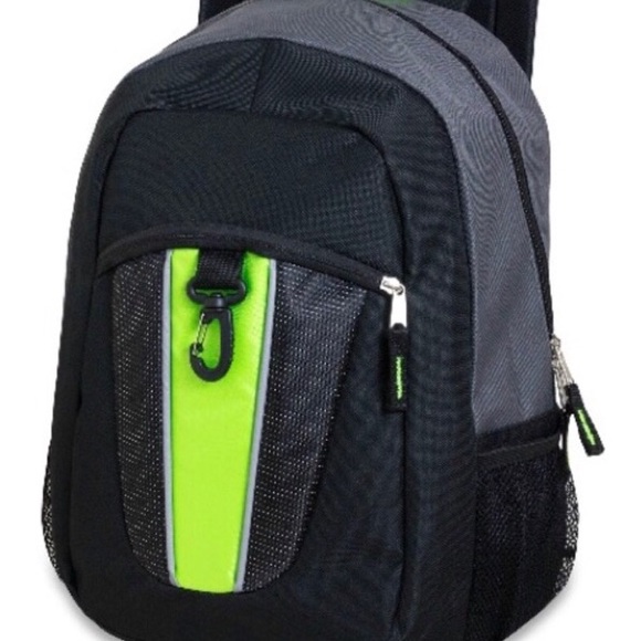 NWT! 17” Carabinder Clip Backpack w/Padded Straps NEON Center Stripe & Black - Picture 5 of 5